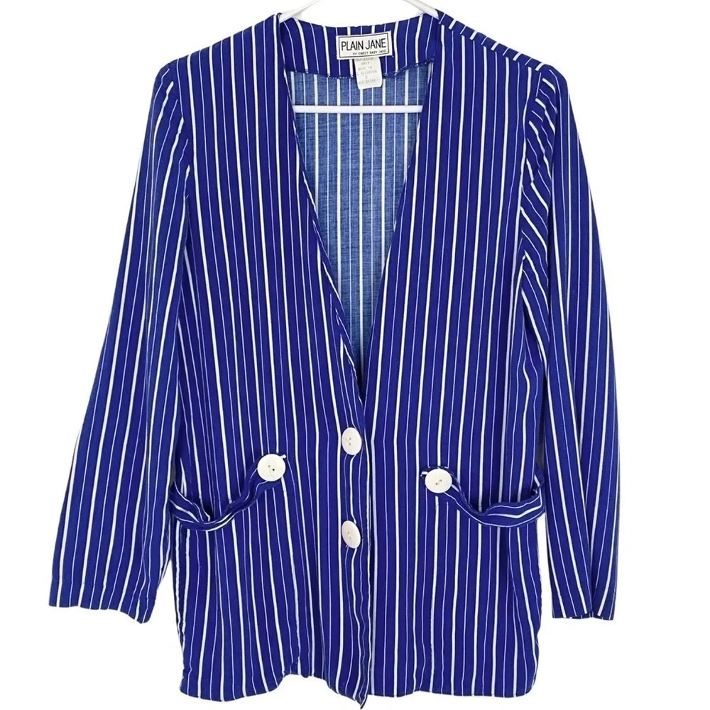 Vintage 90s Striped Granny Jacket Blazer Womens Small Royal Blue White Striped